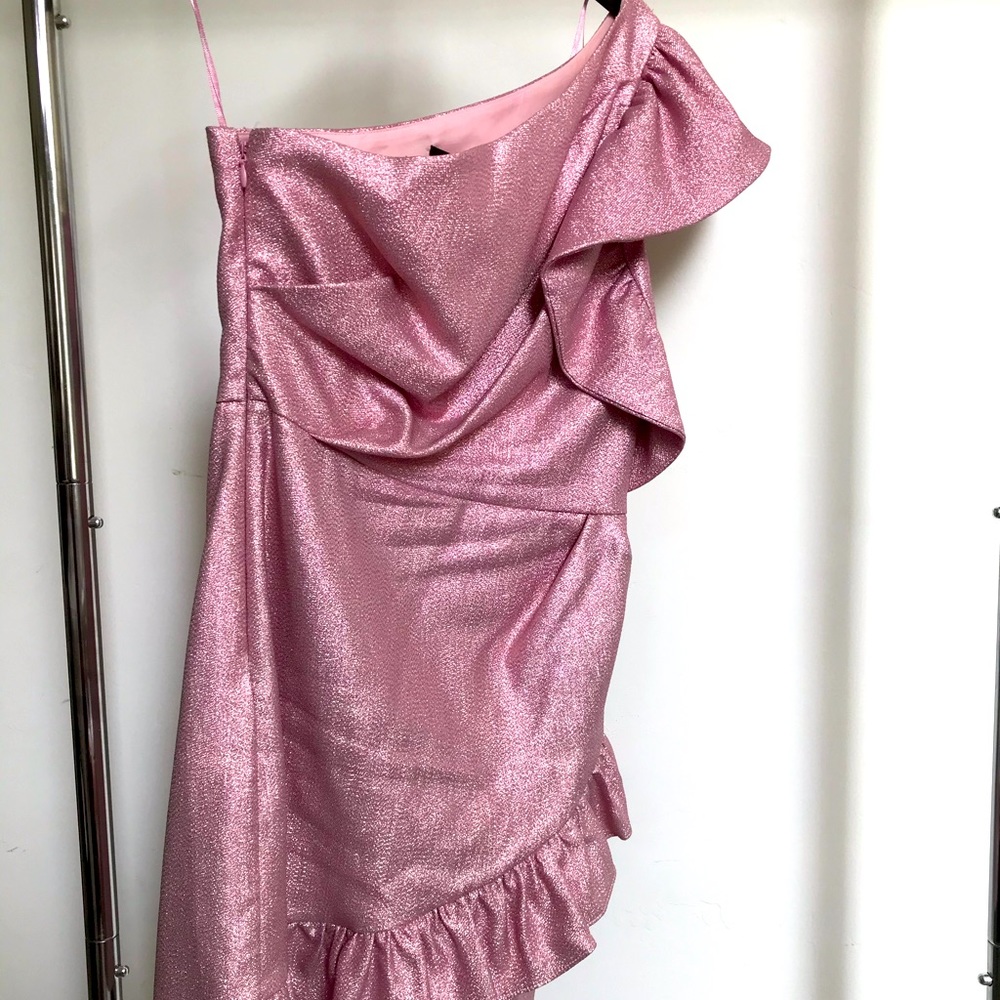 TopShop Pink Metallic One Shoulder Ruffle Dress